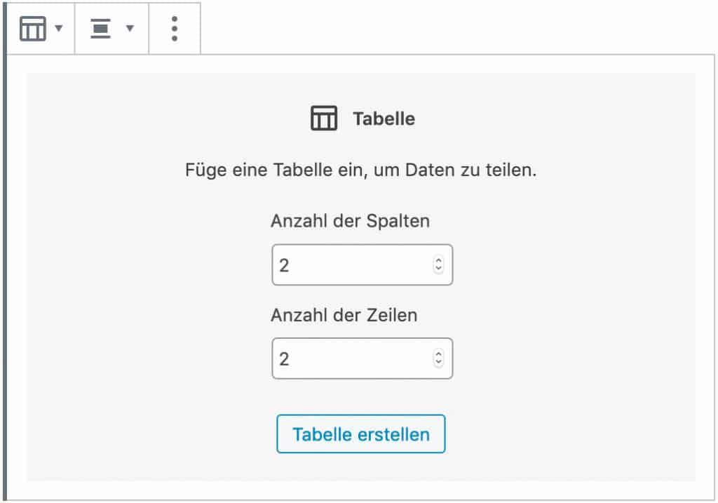 Screenshot des Tabellen-Blocks, ohne das Inhalt hinzugefügt wurde. Es wird die gewünschte Anzahl der Spalten und Zeilen abgefragt.