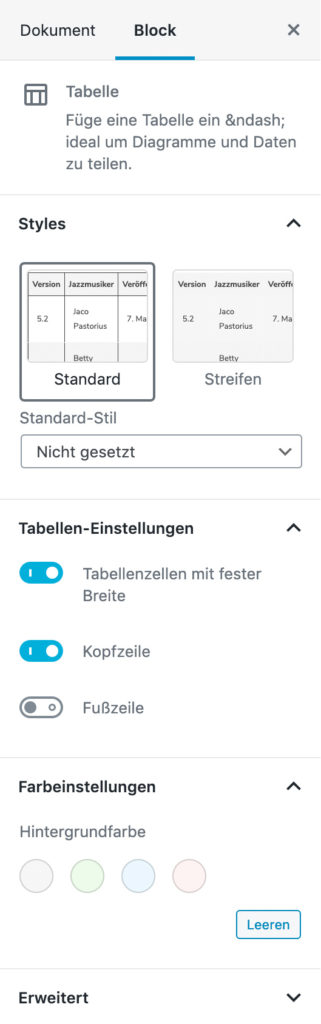 Screenshot der Tabellen-Einstellungen in der Seitenleiste.