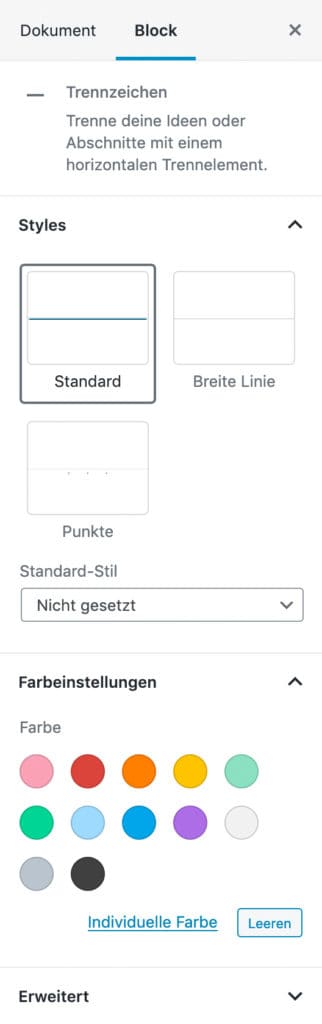 Screenshot der Trennzeichen-Einstellungen in der Seitenleiste.