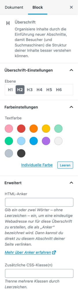 Screenshot der Überschrift-Einstellungen in der Seitenleiste.