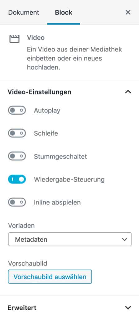 Screenshot der Video-Einstellungen in der Seitenleiste.