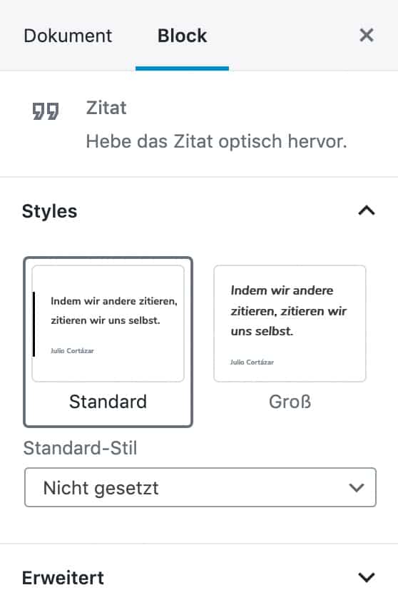 Screenshot der Zitat-Einstellungen in der Seitenleiste.