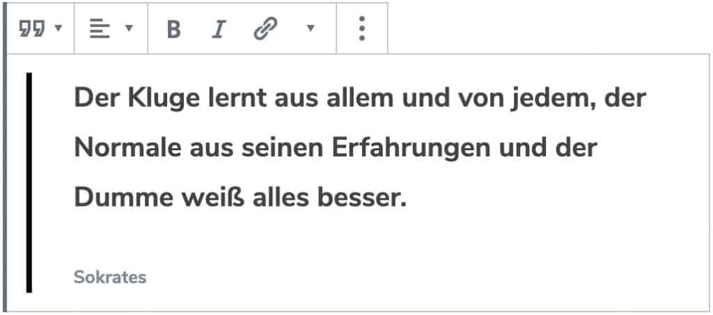 Screenshot des Zitat-Blocks, bei dem ein Beispielzitat von Sokrates hinzugefügt wurde.