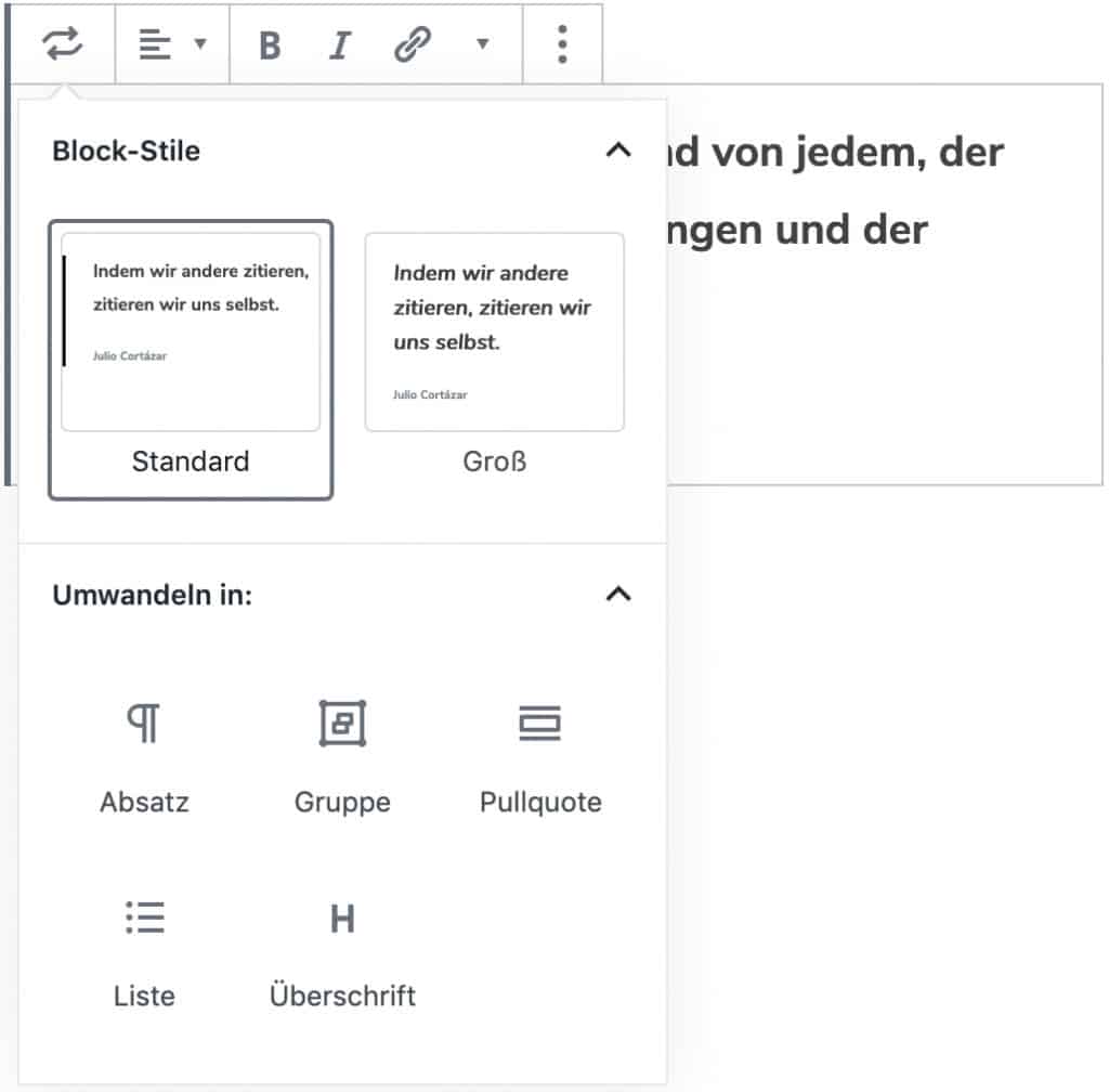 Screenshot des geöffneten Stil- und Umwandeln-Fensters eines Zitat-Blocks.
