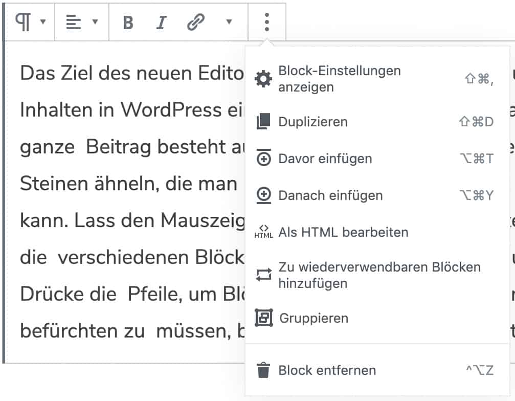 Screenshot eines Ausschnittes, dass das Fenster für das erweiterte Menü an einem Absatz-Block geöffnet zeigt.