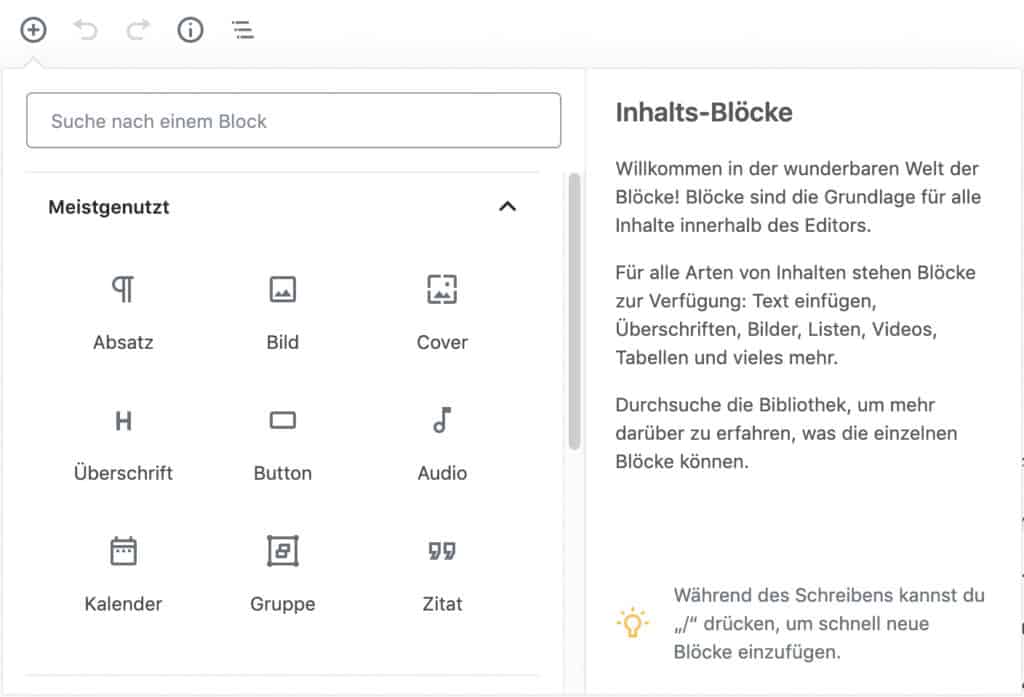 Screenshot des geöffneten Inserter-Werkzeugs mit offenem Meistgenutzt-Tab.