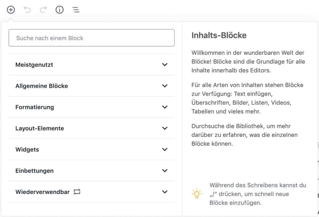 Screenshot des geöffneten Inserter-Werkzeugs mit geschlossenem Meistgenutzt-Tab. Alle Kategorien sind sichtbar.