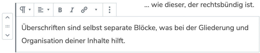 Screenshot eines Absatz-Blocks mit sichtbaren Positierungs-Elementen links vom Block.