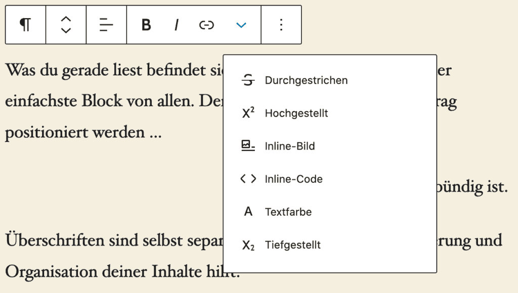 Screenshot eines Absatz-Blocks mit geöffnetem Untermenü für weitere Inline-Funktionen.