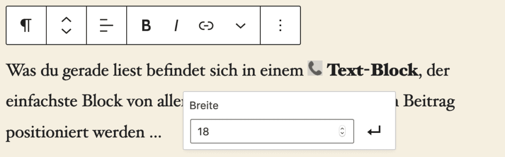 Screenshot eines Absatz-Blocks mit einem Inline-Bild, dessen Bearbeitungs-Popup mit der Breitenangabe geöffnet ist.