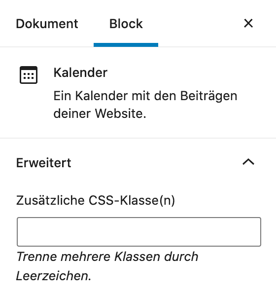 Screenshot der Kalender-Block-Einstellungen in der Sidebar.