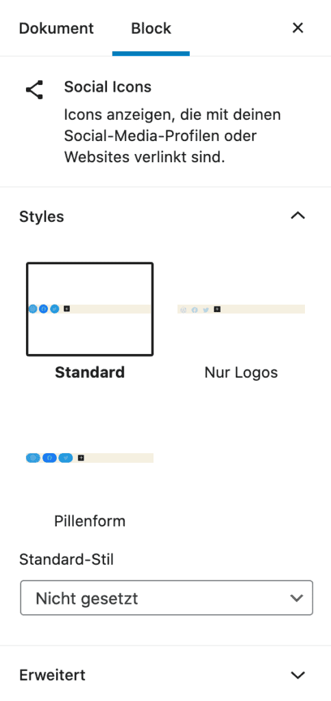 Screenshot des Eltern-Elements des Social-Icons-Block.