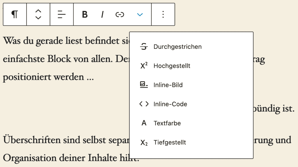 Screenshot der erweiterten Textformatierung an einem Absatz-Block.