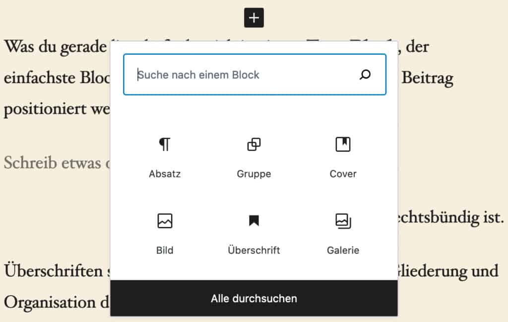 Screenshot des Quick-Inserter-Werkzeugs, wenn das Plus-Symbol im Inhalt angeklickt wird.