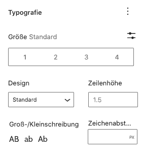 Screenshot der Absatz-Einstellungen in der Seitenleiste, hier alle Typographie-Einstellungen: Größe, Design, Zeilenhöhe, Groß-/Kleinschreibung und Zeichenabstand.