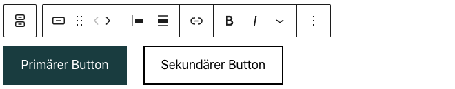 Screenshot des Buttons-Blocks, es wurden zwei Buttons mit Text hinzugefügt. Beim zweiten Button ist der Stil zu Kontur geändert worden.