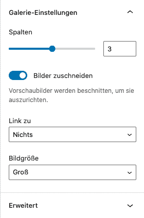 Screenshot der Galerie-Einstellungen in der Seitenleiste.