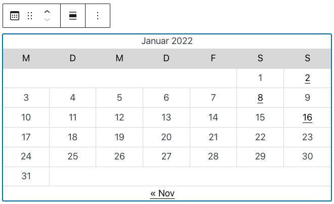 Screenshot des Kalender-Blocks. Dargestellt wird eine tabellarische Übersicht von Januar 2022.