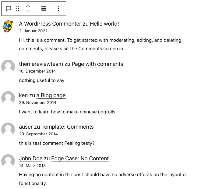 Screenshot des Neueste-Kommentare-Blocks, mit fünf Beispiel-Kommentaren.