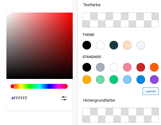 Screenshot des Farbwählers für eine individuelle Farbe, wenn man in das transparente Feld unter der Farbeinstellung (hier Textfarbe) klickt.