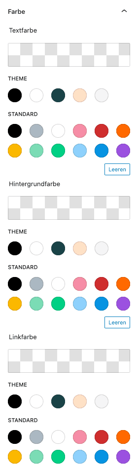 Screenshot des Einstellungs-Abschnitts für Farben für den Text, Hintergrund und für Links. Neben einem individuellen Feld für die Farbe werden, wenn vorhanden, die Farbpaletten des Themes und die Standard-Farbpalette des Block Editors angezeigt.