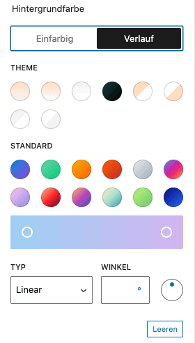Screenshot der Farb-Einstellung "Hintergrundfarbe" mit den Einstellungen für Farbverläufe. Vorgegebene Verläufe des Themes und dem Standard, sowie die Möglichkeit eigene Verläufe mit den verschiedenen Einstellungen zu erstellen.