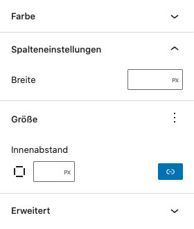 Screenshot der Einstellungen für eine einzelne Spalte. Es kann eine prozentuale Breite angegeben und der Innenabstand definiert werden.