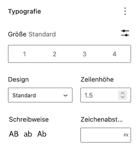 Screenshot der Absatz-Einstellungen in der Seitenleiste, hier alle Typographie-Einstellungen: Größe, Design, Zeilenhöhe, Schreibweise und Zeichenabstand.