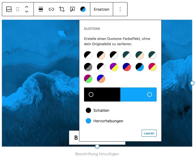 Screenshot des Bild-Block mit aktivierter Duotone-Funktion, bei dem eine Standard-Farbkombination verwendet wurde.