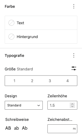 Screenshot der Code-Einstellungen für Farbe und Typografie in der Seitenleiste.