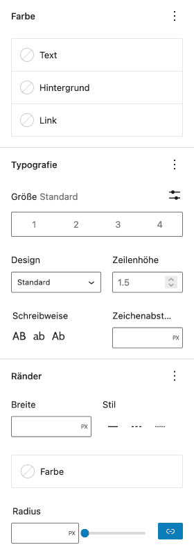Screenshot der Pullquote-Einstellungen für Farben, Typografie und Ränder in der Seitenleiste.