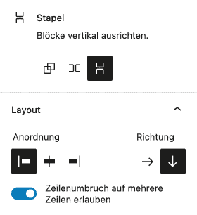 Die Einstellungen in der Seitenleiste eines Stapel-Blocks, hier für Variation und Layout.