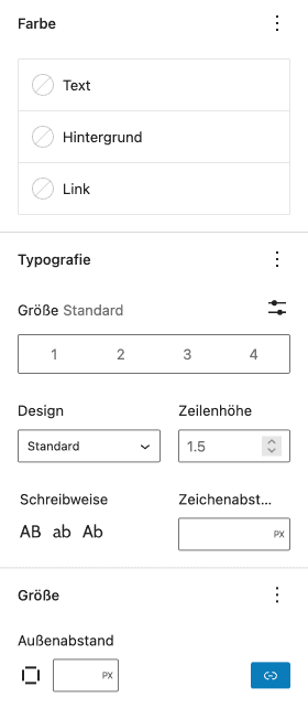Screenshot der Überschrift-Einstellungen in der Seitenleiste, mit den Bereichen Farbe, Typografie und Größe.